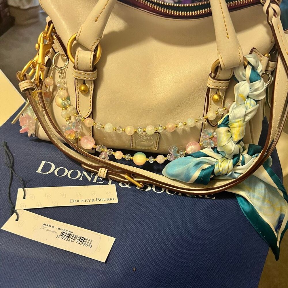 New Dooney & Bourke Florentine Satchel Leather Mini Ecru Cream Tassles charms